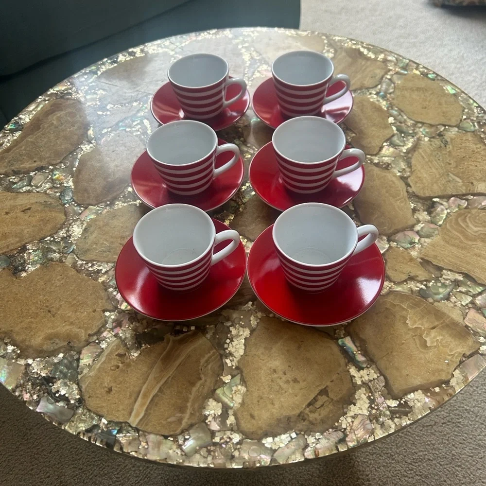 Crate&Barrel Red and White Striped Espresso Cup and Saucer Set
